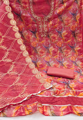 Red Organza Handworked Position Print Unstitched Suit